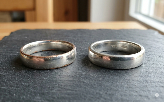 Ein versilberter Ring neben einem echten Silberring